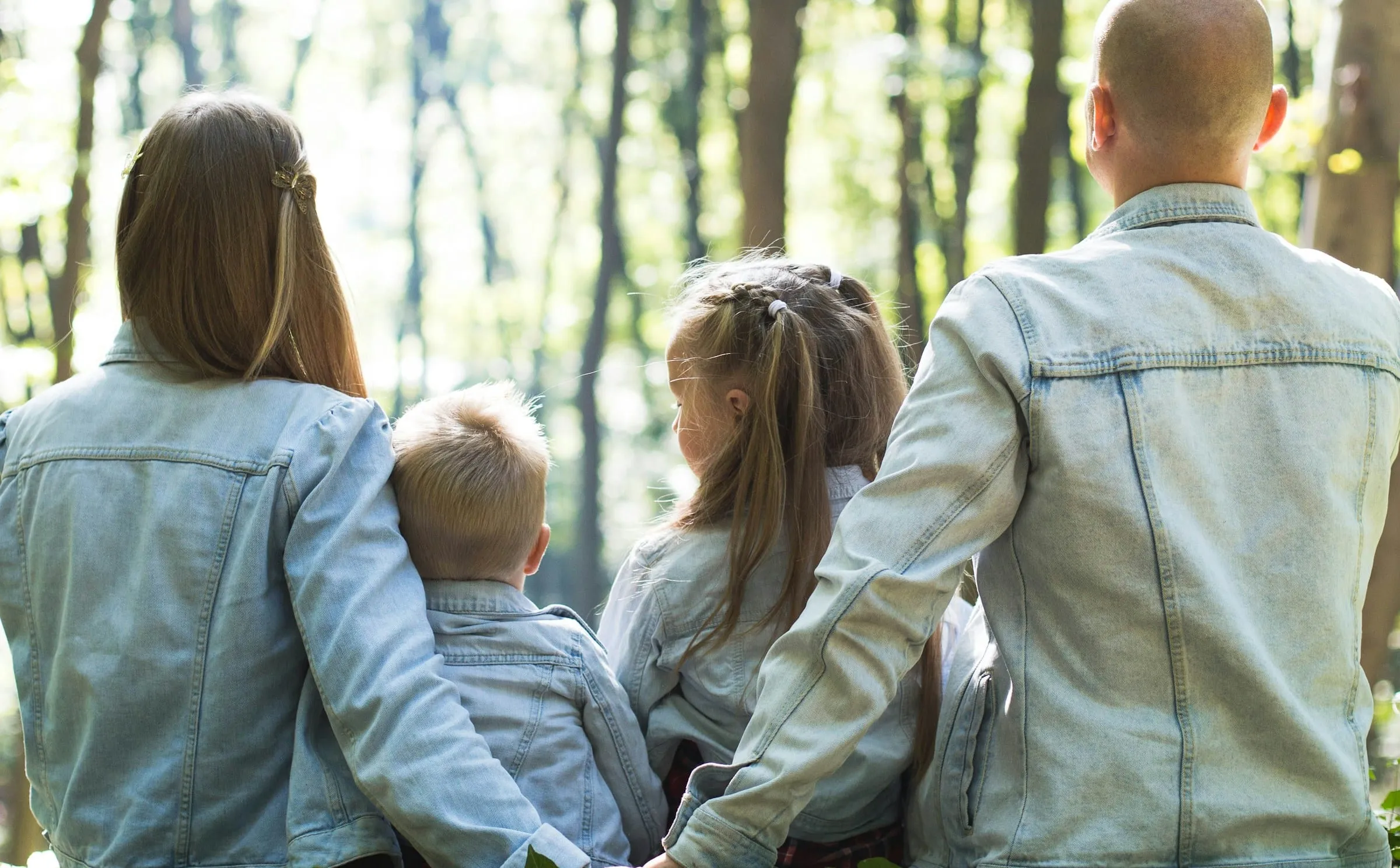 Eine Familie sitzt von hinten zu sehen nebeneinander im Wald